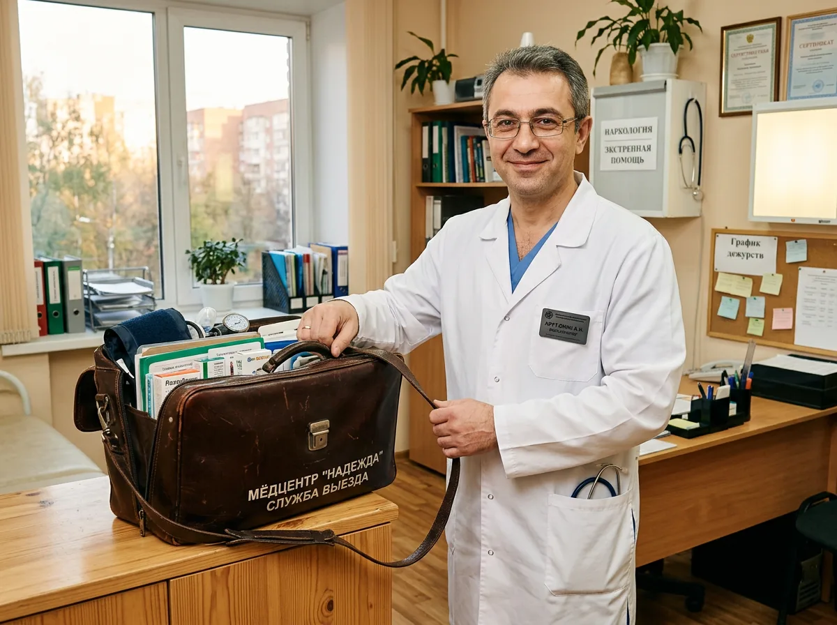 Врач-нарколог в белом халате с медицинским чемоданчиком готовится к выезду на дом, уверенный, профессиональный вид, светлый медицинский кабинет, тёплая атмосфера доверия