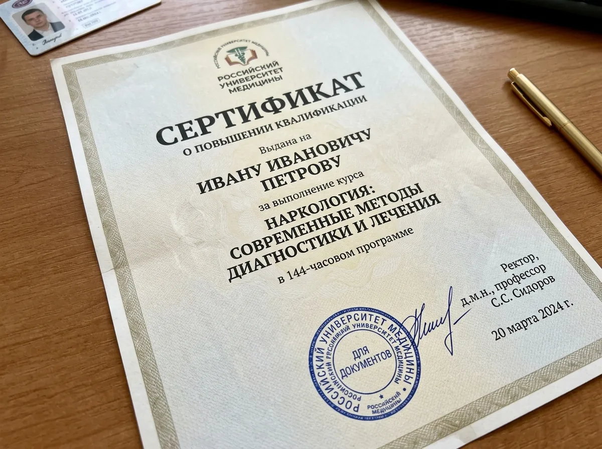 Сертификат врача-нарколога, официальный документ о повышении квалификации с печатью и подписью